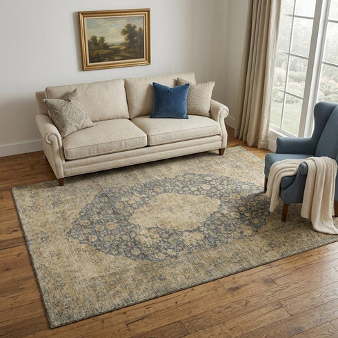 5' X 8' Charcoal Gray And Beige Medallion Washable Area Rug With UV Protection