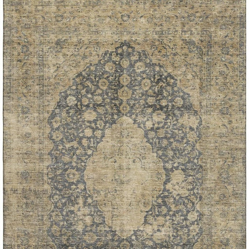 5' X 8' Charcoal Gray And Beige Medallion Washable Area Rug With UV Protection