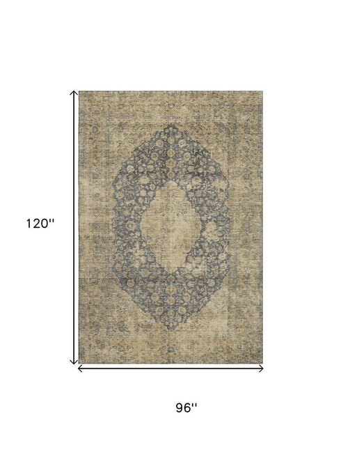 8' X 10' Charcoal Gray And Beige Medallion Washable Area Rug With UV Protection