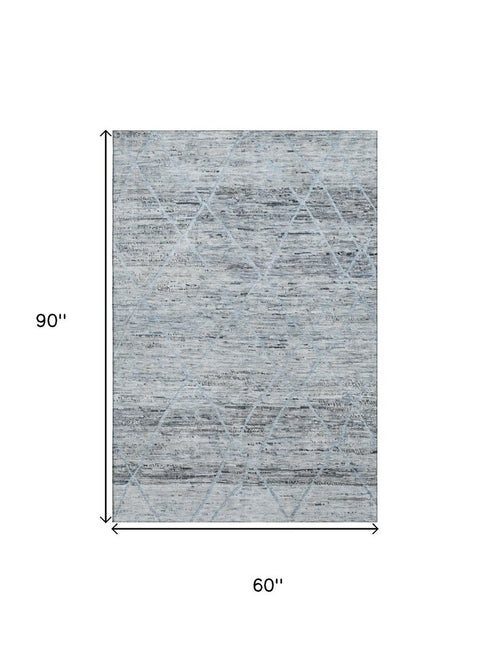 5' X 8' Blue Gray And Silver Abstract Geometric Washable Area Rug With UV Protection