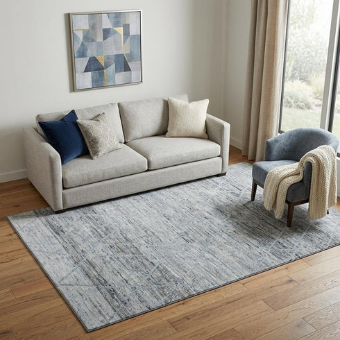 5' X 8' Blue Gray And Silver Abstract Geometric Washable Area Rug With UV Protection