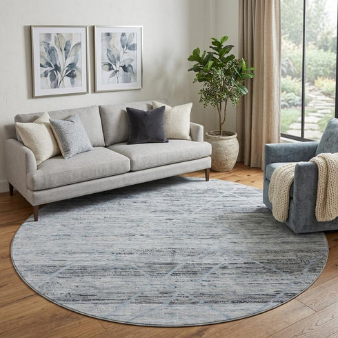8' Blue Gray And Silver Abstract Geometric Washable Round Rug With UV Protection
