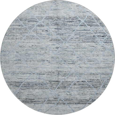 8' Blue Gray And Silver Abstract Geometric Washable Round Rug With UV Protection