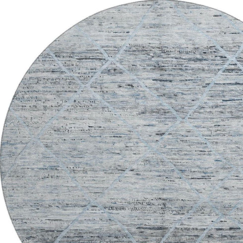 8' Blue Gray And Silver Abstract Geometric Washable Round Rug With UV Protection