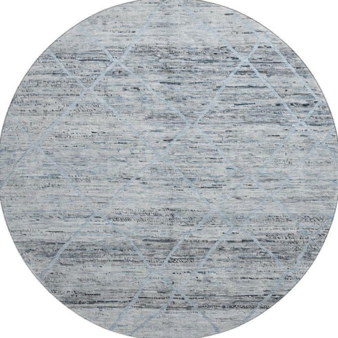 8' Blue Gray And Silver Abstract Geometric Washable Round Rug With UV Protection