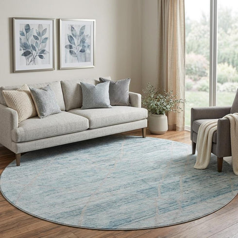 8' Teal Beige And Ivory Abstract Geometric Washable Round Rug With UV Protection
