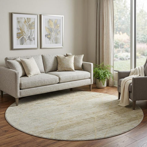 8' Wheat Beige And Gold Abstract Geometric Washable Round Rug With UV Protection