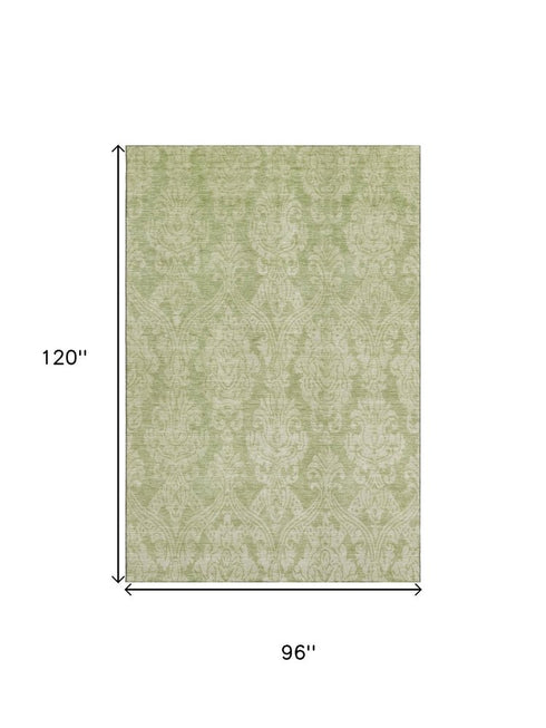 8' X 10' Artichoke Green Beige And Ivory Damask Washable Area Rug With UV Protection