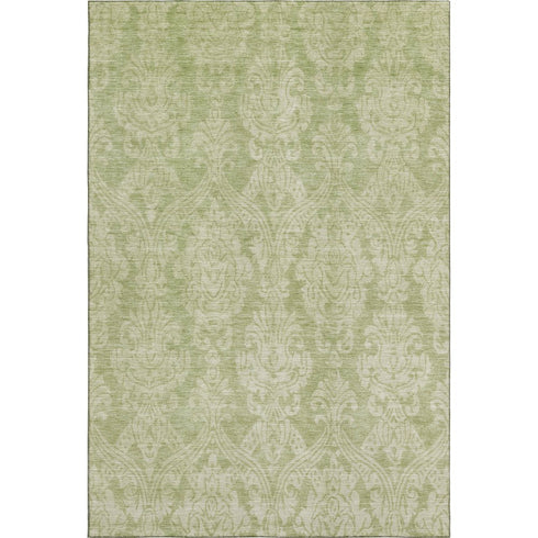 8' X 10' Artichoke Green Beige And Ivory Damask Washable Area Rug With UV Protection