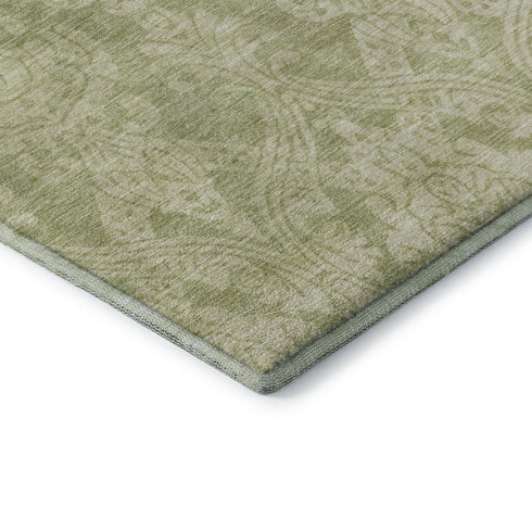 8' X 10' Artichoke Green Beige And Ivory Damask Washable Area Rug With UV Protection