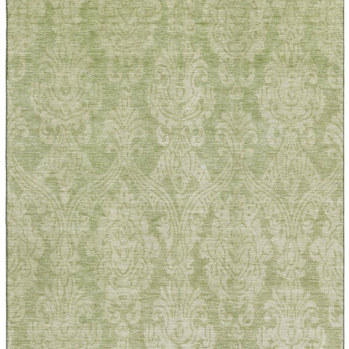 8' X 10' Artichoke Green Beige And Ivory Damask Washable Area Rug With UV Protection
