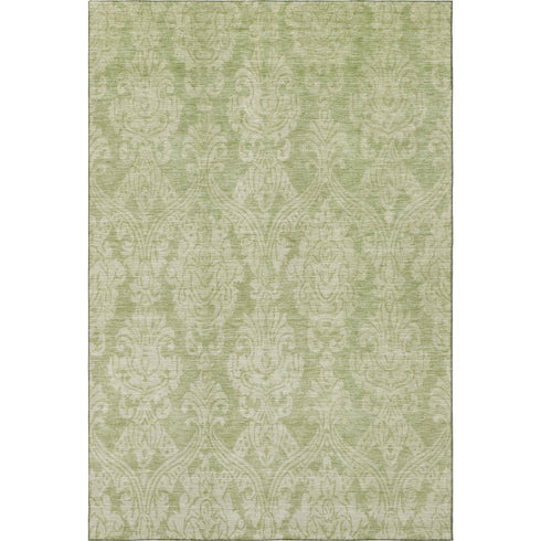 8' X 10' Artichoke Green Beige And Ivory Damask Washable Area Rug With UV Protection