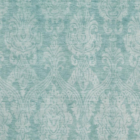 8' X 10' Aqua Teal And Ivory Damask Washable Area Rug With UV Protection