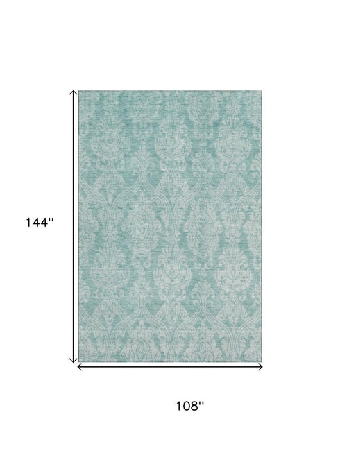 9' X 12' Aqua Teal And Ivory Damask Washable Area Rug With UV Protection