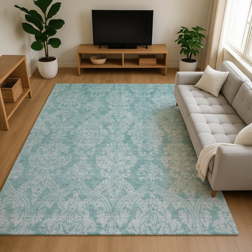 9' X 12' Aqua Teal And Ivory Damask Washable Area Rug With UV Protection