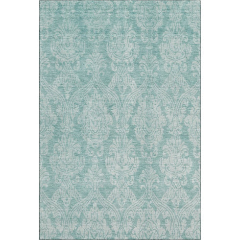 9' X 12' Aqua Teal And Ivory Damask Washable Area Rug With UV Protection