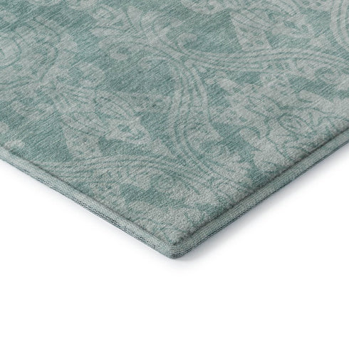 9' X 12' Aqua Teal And Ivory Damask Washable Area Rug With UV Protection