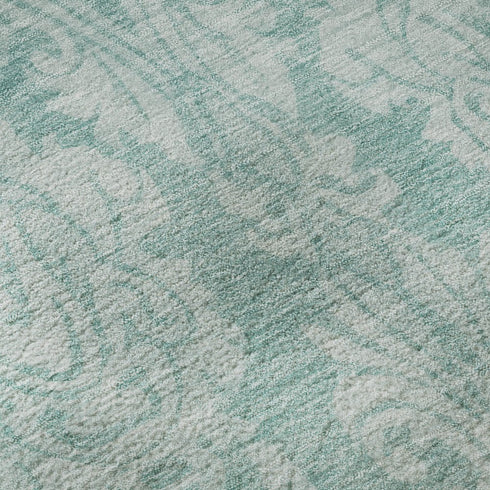 9' X 12' Aqua Teal And Ivory Damask Washable Area Rug With UV Protection