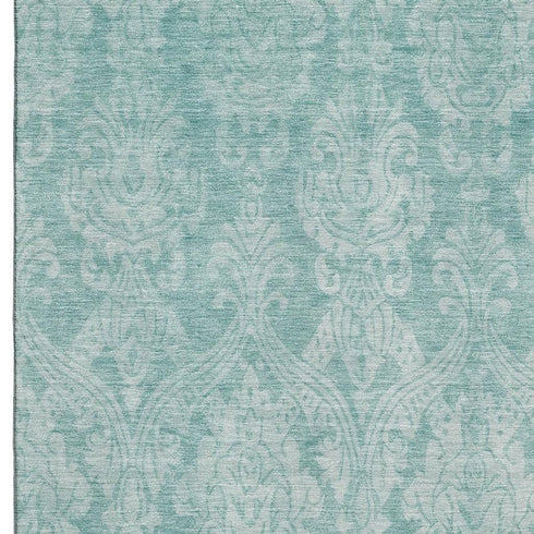 9' X 12' Aqua Teal And Ivory Damask Washable Area Rug With UV Protection