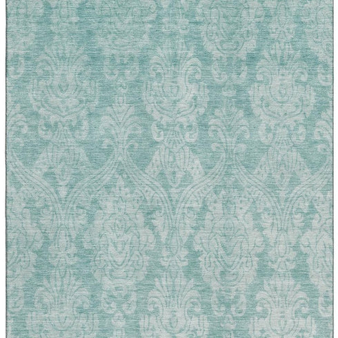 9' X 12' Aqua Teal And Ivory Damask Washable Area Rug With UV Protection