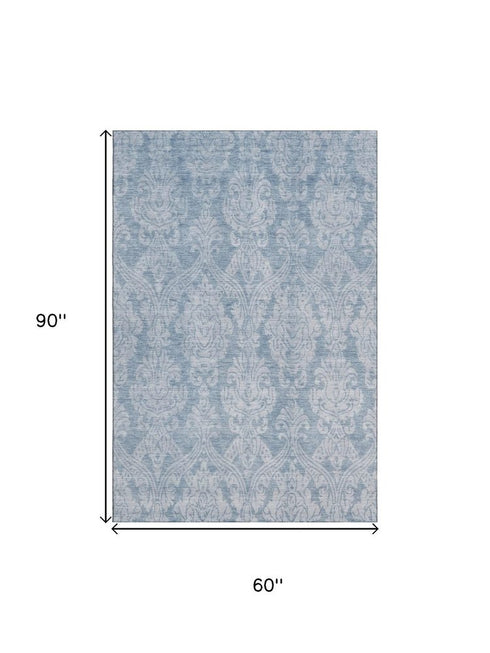 5' X 8' Blue And Ivory Damask Washable Area Rug With UV Protection
