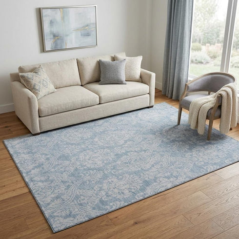 5' X 8' Blue And Ivory Damask Washable Area Rug With UV Protection