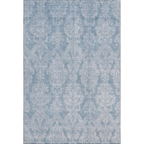 5' X 8' Blue And Ivory Damask Washable Area Rug With UV Protection