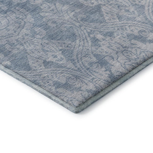 5' X 8' Blue And Ivory Damask Washable Area Rug With UV Protection