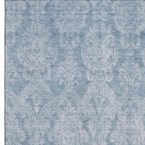 5' X 8' Blue And Ivory Damask Washable Area Rug With UV Protection