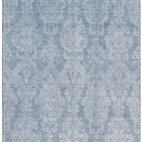 5' X 8' Blue And Ivory Damask Washable Area Rug With UV Protection