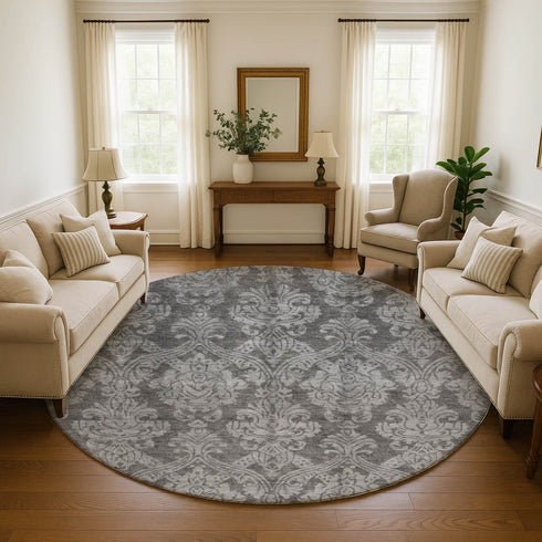 8' Gray And Silver Damask Washable Round Rug With UV Protection