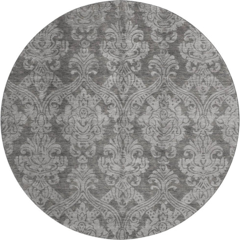 8' Gray And Silver Damask Washable Round Rug With UV Protection