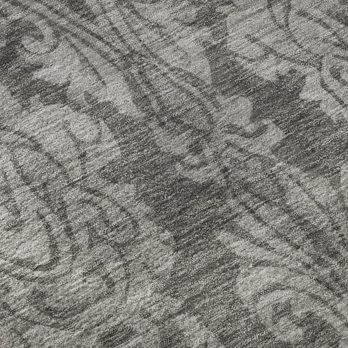 8' Gray And Silver Damask Washable Round Rug With UV Protection
