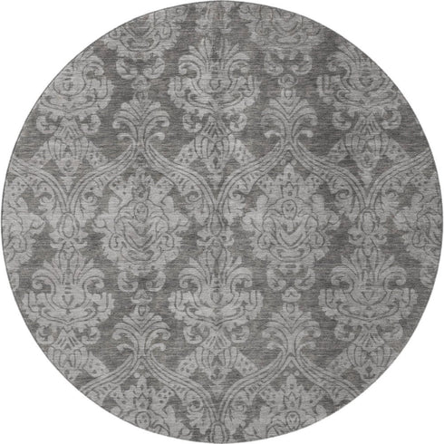 8' Gray And Silver Damask Washable Round Rug With UV Protection