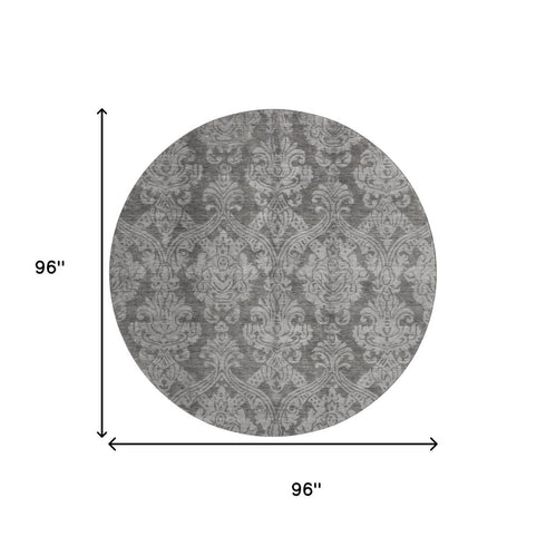 8' Gray And Silver Damask Washable Round Rug With UV Protection