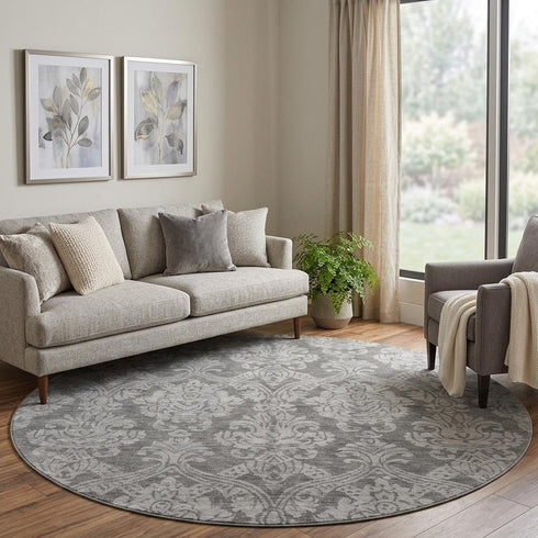 8' Gray And Silver Damask Washable Round Rug With UV Protection