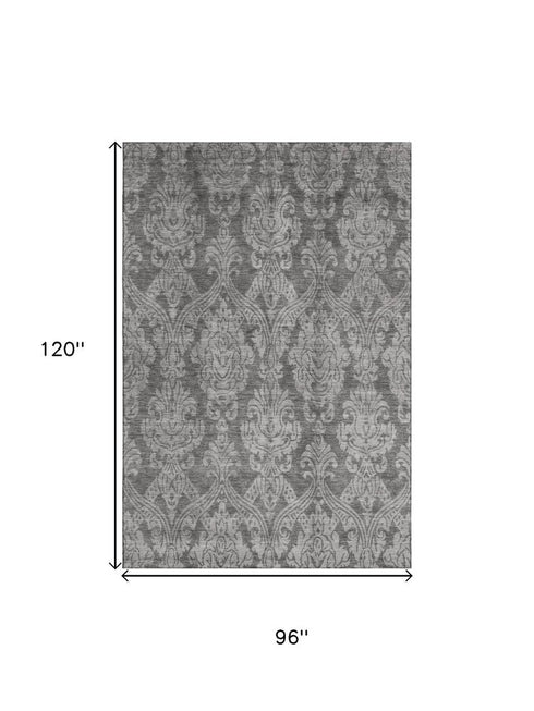 8' X 10' Gray And Silver Damask Washable Area Rug With UV Protection