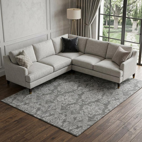 8' X 10' Gray And Silver Damask Washable Area Rug With UV Protection