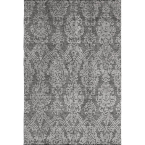 8' X 10' Gray And Silver Damask Washable Area Rug With UV Protection