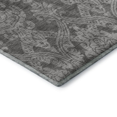 8' X 10' Gray And Silver Damask Washable Area Rug With UV Protection