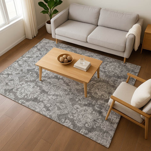 8' X 10' Gray And Silver Damask Washable Area Rug With UV Protection