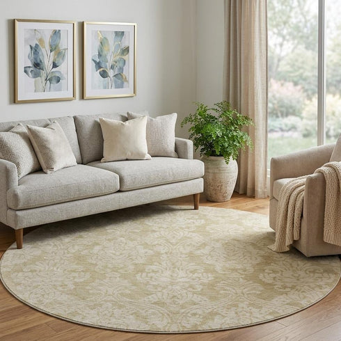 8' Tan And Beige Damask Washable Round Rug With UV Protection