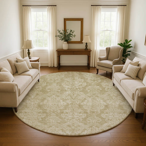 8' Tan And Beige Damask Washable Round Rug With UV Protection