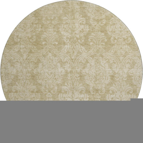 8' Tan And Beige Damask Washable Round Rug With UV Protection