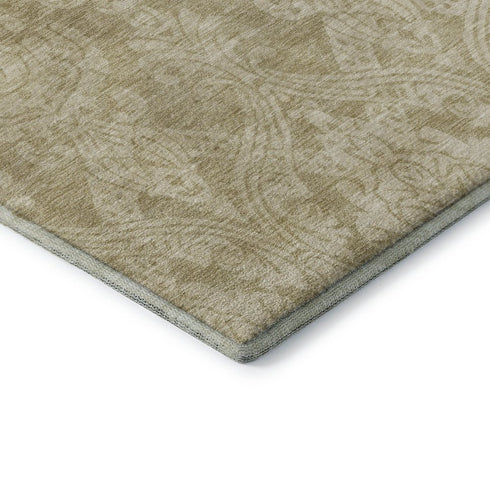 8' Tan And Beige Damask Washable Round Rug With UV Protection