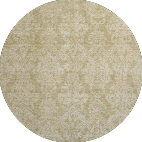 8' Tan And Beige Damask Washable Round Rug With UV Protection