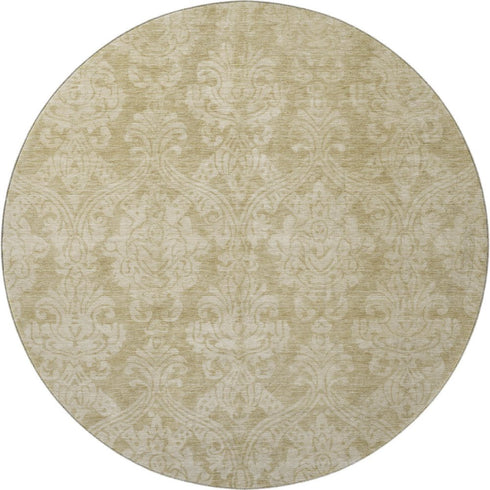 8' Tan And Beige Damask Washable Round Rug With UV Protection