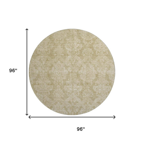 8' Tan And Beige Damask Washable Round Rug With UV Protection