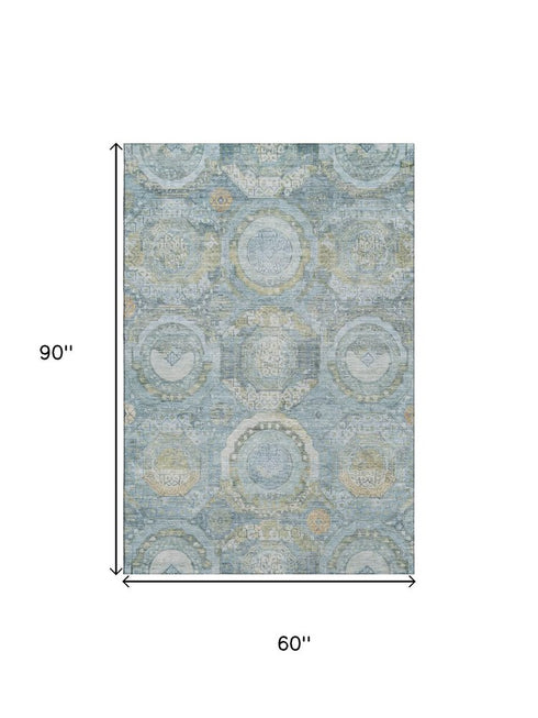 5' X 8' Blue Gold And Gray Mosaic Washable Area Rug With UV Protection