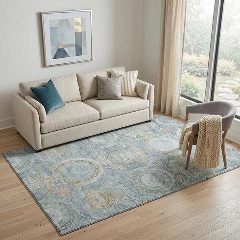5' X 8' Blue Gold And Gray Mosaic Washable Area Rug With UV Protection